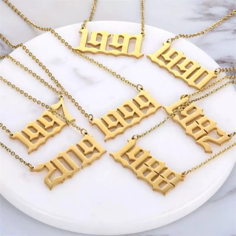 Gold Gothic Font Birthday Year Number Necklaces